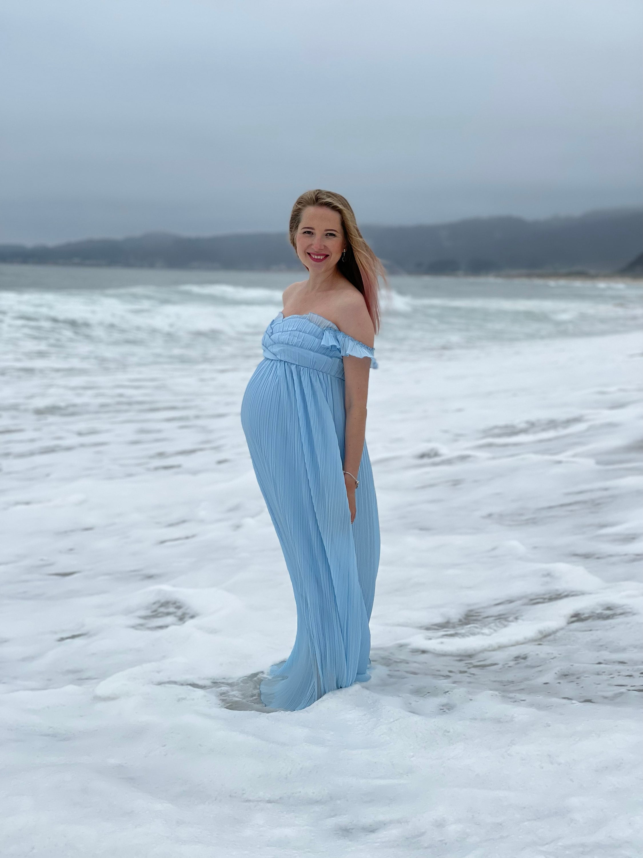 blue maternity shoot dresses Blue V Neck Tulle Sequin Long Prom Dress Blue Formal Dress – shopluu main image 1