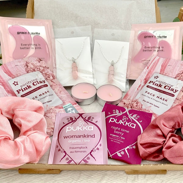 Double Pamper Box Rose Quartz Crystal Pink Hamper Gift Set for two Home Spa Letterbox Present Best Friend Sister Mum Relaxation Care Package