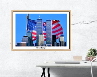 Never Forget. U.S. Flag behind Twin Towers New York. September 11th 2001.