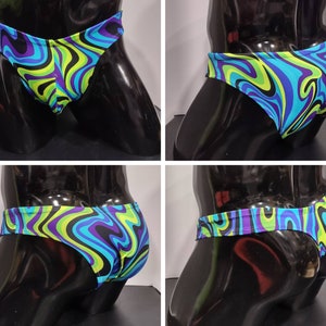 Blue/Green Swirl Men&#39;s Swim Bikini Brief Half Back Cheeky Thong by Rayze™ (formerly Nutshack™)