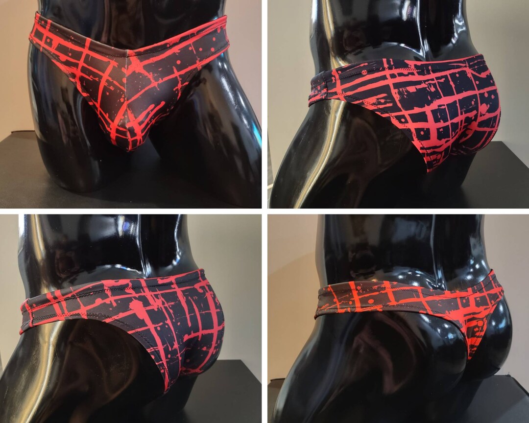 Red Ink Splatter Men's Swim Bikini Brief Half Back Cheeky Thong by