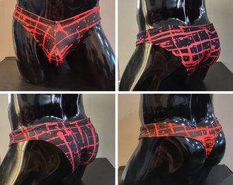Red Ink Splatter Men&#39;s Swim Bikini Brief Half Back Cheeky Thong by Nutshack™
