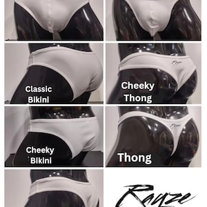May include: A selection of white underwear styles, including bikini, thong, and cheeky designs, displayed on mannequins. The image features the "Rayze" brand logo. The image showcases different cuts and fits of lingerie.