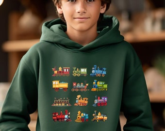 May include: A dark green hooded sweatshirt with a colorful print of various train engines. The print features a variety of train designs, including steam engines, diesel engines, and electric engines.