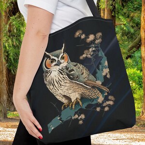 HORNED OWL Tote Bag, Japanese Style Owl Tote, Pretty Shopping Bag, Owl Tote Bag for Mom, Gift for Nana, Owl Lover Gift, Bird Cruise Bag