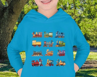 May include: A turquoise blue hooded sweatshirt with a colorful design of 12 different train engines. The trains are arranged in a grid pattern on the front of the sweatshirt.