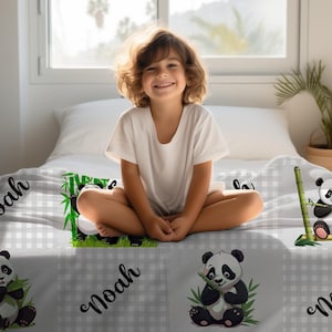 CUSTOM Baby Panda Bear Blanket, Personalized Child&#39;s Panda Gift, Kids Custom Name Blanket, Gray Child Blanket, Holiday Kids Gift, Baby Gift
