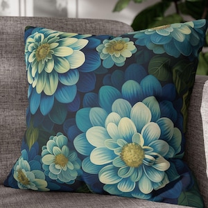 Square Zippered Trending Pillow Covers, 20" Blue Large Blossoms, Gift for Mom, Living Room Cases, Flower Throw Pillow, Home Decor, 18" 16"