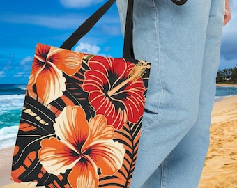 Hawaiian Flowers Tote Bag, Cruise Tote, Hibiscus Vacation Bag, Gift For Family Tote, Tropical Shopping Tote, Reusable Tote Bag, Gift for Mom