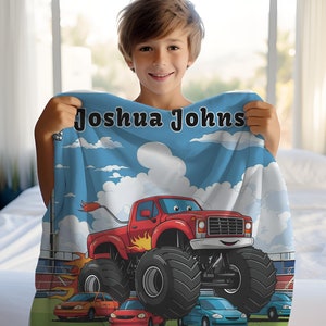 CUSTOM Boys Monster Truck Blanket, Personalized Boys Gift, Custom Boys Name Blanket, Birthday Blanket Gift, Gift for Son, Boys Bedding
