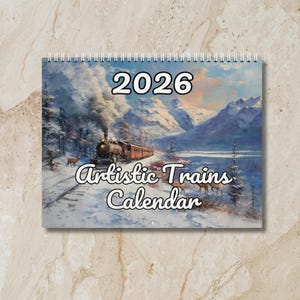2026 Artistic Trains Wall Calendar, Train Lover Gift, Holiday Gift for Man Cave, Steam Engine, Home Office Kitchen Calendar, For Papa or Dad
