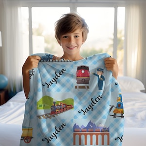 CUSTOM Boys Train Blanket, Personalized Boy Gift, Blue Custom Train Blanket, Train Lover Gift, Boys Birthday Gift, For Son, Baby Shower