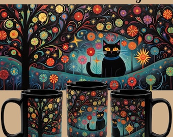 Abstract Black Cat Mug, Artistic Cat Coffee Mug, Funny Tea Mug, Colorful Tea Cup, Gift Cat Lovers, Cat Mom Gift, Cat Dad Gift, Cat Collector