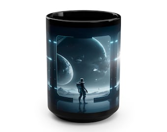 Custom Sci-Fi Astronaut in Space Black Mug, Fantasy Science Fiction Coffee Mug, Personalized Gift for Dad, Gift for Him, Outer Space Mug