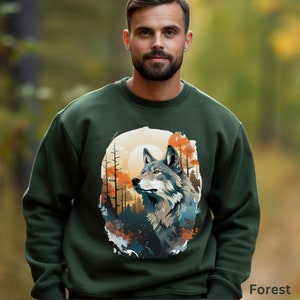 Grey Wolf Sweatshirt, Wolf Sweater, Men&#39;s Camping Sweater, Women&#39;s Hiking Sweatshirt, Wildlife Gift, Nature Lover Shirt, Wolf in Forest