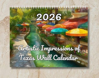 2026 Artistic Impressions of Texas Wall Calendar, Watercolor Scenes Landscapes, Kitchen Decor, Travel Vacation Art, Texas Lover Gift