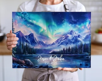 Personalized Northern Lights Glass Cutting Board: Alaskan Kitchen Decor
