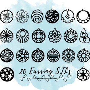May include: Twenty black earring designs with diverse geometric and floral patterns are shown. The earrings are set against a light blue watercolour background. The text "20 Earring STLs" is written in a cursive font.