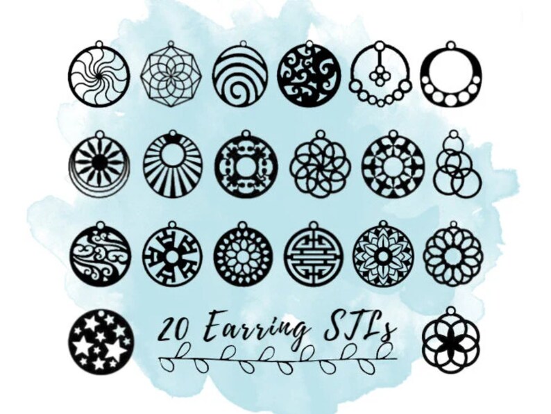 May include: Twenty black earring designs with diverse geometric and floral patterns are shown. The earrings are set against a light blue watercolour background. The text "20 Earring STLs" is written in a cursive font.