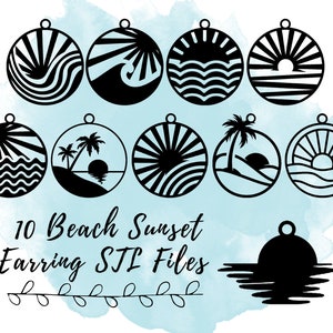 Könnte beinhalten: Zehn schwarz-weiße digitale Dateien zum 3D-Druck von Strand-Sonnenuntergang-Ohrringen. Die Designs beinhalten Palmen, Wellen und Sonnen.