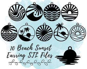 May include: Ten black and white digital files for 3D printing beach sunset earrings. The designs include palm trees, waves, and suns.