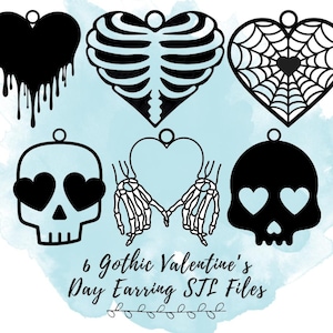 Puede incluir: Seis diseños de pendientes góticos para el Día de San Valentín en blanco y negro. Los diseños incluyen un corazón que gotea, una caja torácica, una telaraña, una calavera con corazones por ojos, una mano de esqueleto sosteniendo un corazón y una calavera con corazones por ojos.