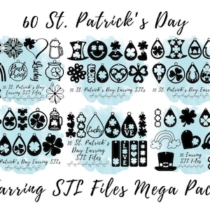 May include: A digital download of 60 St. Patrick's Day earring designs in black and white. The designs include shamrocks, rainbows, hearts, leprechauns, beer mugs, and the words "Lucky" and "Proof".