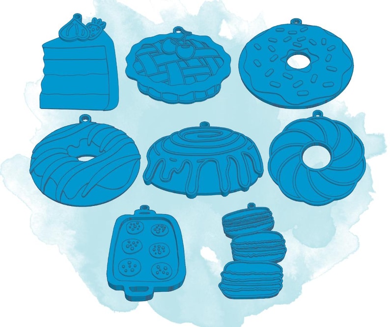 May include: Nine blue cookie cutters in various shapes, including a donut, a cake, a pie, a swirl, a cupcake, and a macaron. The cutters are all made of metal and have a shiny finish.