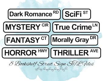 8 Bookshelf Street Sign STL Files, Bookish Decor STL Files, Bookish Gift STL Files, 3D Print for Bookshelf, 3D Print for Book Lovers