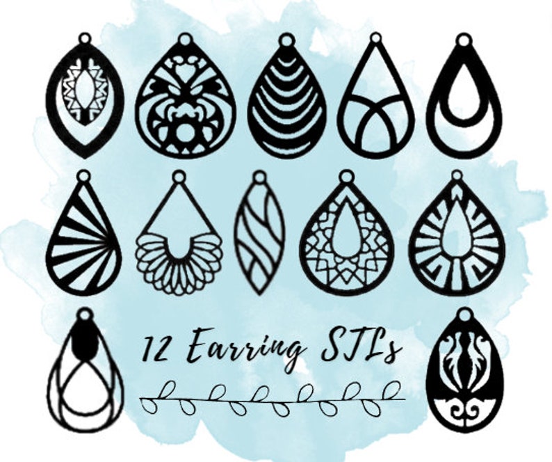 Puede incluir: Doce dise&ntilde;os de pendientes en forma de l&aacute;grima en blanco y negro. Los dise&ntilde;os son intrincados y geom&eacute;tricos. El texto "12 Earring STLs" est&aacute; escrito debajo de los pendientes.