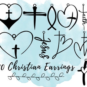 May include: Ten different Christian earring designs, including crosses, hearts, fish, and the word "Jesus".