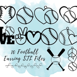 May include: Ten black and white baseball-themed earring designs. The designs include a baseball, a heart, a peace sign, and the word "love". The designs are on a light blue background with a watercolour effect.