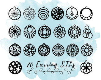 Puede incluir: Veinte diseños de pendientes en blanco y negro, cada uno con un patrón geométrico o floral diferente. Los diseños están dispuestos en una cuadrícula sobre un fondo de acuarela azul claro. El texto "20 Earring STLs" está escrito debajo de los diseños.