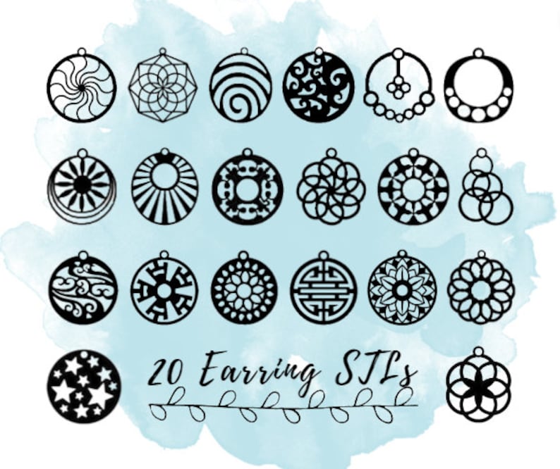 May include: Twenty black and white earring designs, each with a different geometric or floral pattern. The designs are arranged in a grid on a light blue watercolor background. The text "20 Earring STLs" is written below the designs.