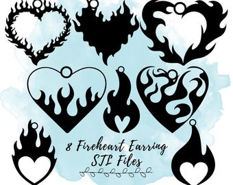 8 archivos STL de aretes de corazón de fuego, modelos de impresión 3D de aretes de San Valentín, archivos de impresión 3D de joyas de corazón, archivo STL de conjunto de joyas