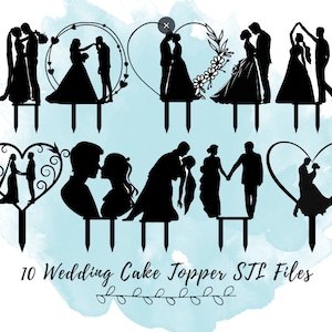 Op de afbeelding: Tien zwarte silhouette bruidstaarttoppers met verschillende poses van een bruid en bruidegom. De toppers zijn op stokjes en klaar om op een taart te worden geplaatst.