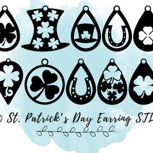 May include: A collection of ten black St. Patrick's Day earring designs. The designs include shamrocks, a top hat with a shamrock, and horseshoes. The text "10 St. Patrick's Day Earring STLs" is also present.