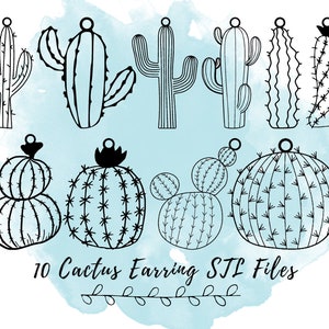 Puede incluir: Diez diseños de pendientes de cactus en blanco y negro. Los diseños incluyen una variedad de formas de cactus, como un cactus barril, un cactus de chumbera y un saguaro. Los pendientes son perfectos para añadir un toque de fantasía a cualquier atuendo.