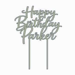 May include: A cake topper with the words "Happy Birthday Parker" in a cursive font. The text is in a light green color with a darker outline. Two thin, vertical sticks extend from the bottom for insertion into a cake.