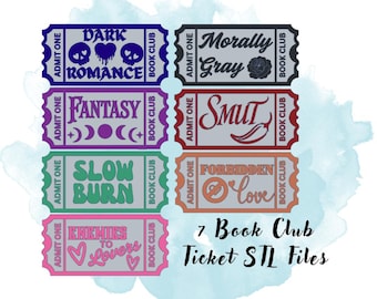 7 Trope Book Club Tickets STL Files 3 mm Thick, Bookish Decor STL File, Bookish Gift STL File, 3D Print for Bookshelf, 3D Print for Readers