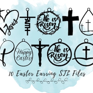 May include: A collection of ten black Easter earring designs. The designs include crosses, hearts with the word "Jesus", the word "Faith", and the phrase "He is Risen". Also included is an Easter egg with the words "Happy Easter".