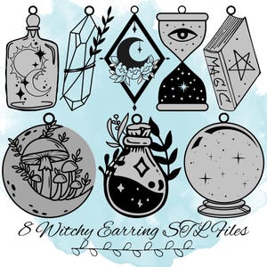May include: Set of eight witchy earring designs, including a crescent moon, crystal, potion bottle, hourglass, mushroom, and magic book. The designs are black and white with star and moon accents.