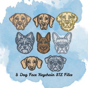Op de afbeelding: Een verzameling van acht sleutelhangerontwerpen met honden gezichten in verschillende rassen, waaronder Labrador en Bulldog, in bruin-, grijs- en goudtinten. De ontwerpen zijn geplaatst tegen een blauwe aquarel achtergrond. De tekst onderaan luidt "8 Dog Face Keychain STL Files."