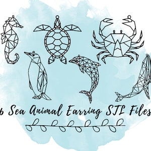 May include: Six geometric sea animal earring designs. The designs include a seahorse, turtle, crab, penguin, dolphin, and whale. The designs are black and white and are on a light blue watercolor background.