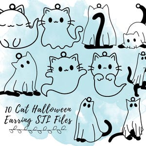 May include: Ten black and white cat Halloween earring designs. The cats are in various poses, including sitting, standing, and lying down. Some cats are wearing ghost costumes. The text "10 Cat Halloween Earring STL Files" is at the bottom of the image.