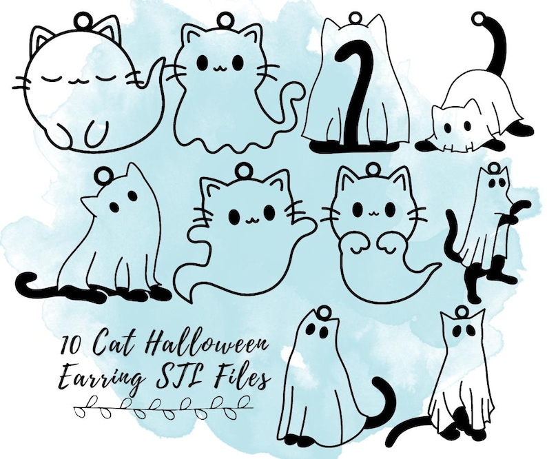 Peut inclure: Dix designs de boucles d'oreilles d'Halloween de chat noir et blanc. Les chats sont dans diff&eacute;rentes poses, y compris assis, debout et couch&eacute;s. Certains chats portent des costumes de fant&ocirc;mes. Le texte "10 Cat Halloween Earring STL Files" est en bas de l'image.