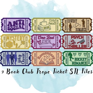 Pode incluir: Nove designs de bilhetes coloridos com vários temas de clubes de leitura, incluindo "Anti Social", "Mystery" e "Cowboy Romance". Cada bilhete apresenta ilustrações únicas e as palavras "Book Club". O texto "9 Book Club Trope Ticket STL Files" também está presente.