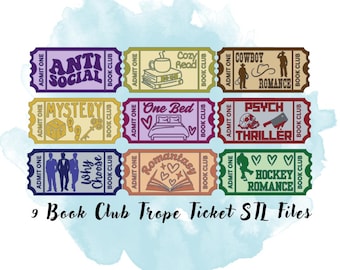 9 Trope Book Club Tickets STL Files 12 mm Thick, Bookish Decor STL File, Bookish Gift STL File, 3D Print for Bookshelf, 3D Print for Reader