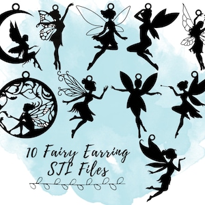 Peut inclure: Dix motifs de fées en silhouette noire pour boucles d'oreilles. Chaque fée a des ailes, une baguette magique et une robe flottante. Le texte "10 Fairy Earring STL Files" est situé sous les fées.