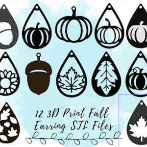 12 Fall Earring STL Files, Pumpkin Teardrop Earring STL, Acorn Earring STL, 3D Print Sunflower Earring, 3D Print Models for Fall Jewelry